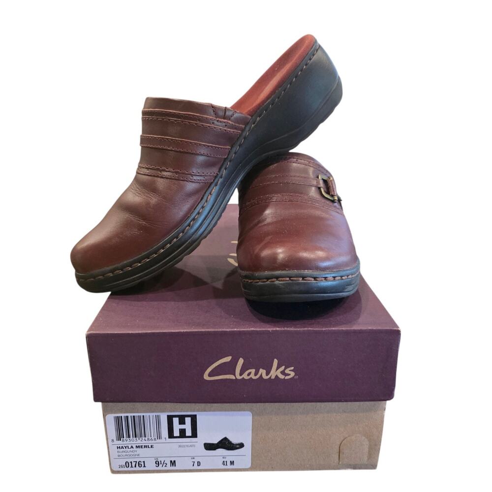 Clarks Hayla Merle Womens 9.5 M Burgundy Leather Clogs Mules Slip On Buckle